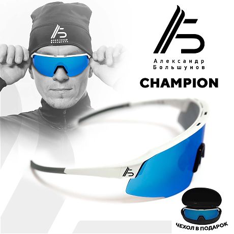 Солнцезащитные очки Александр Большунов Champion, бело-серая оправа, синие линзы